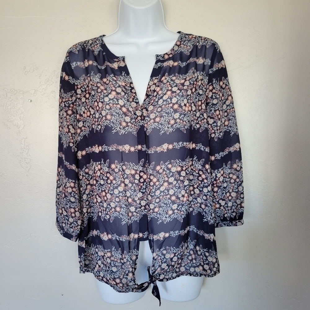 Maurices Navy Blue Floral Chiffon Blouse Small Flower Print Semi-sheer 3/4 Sleev